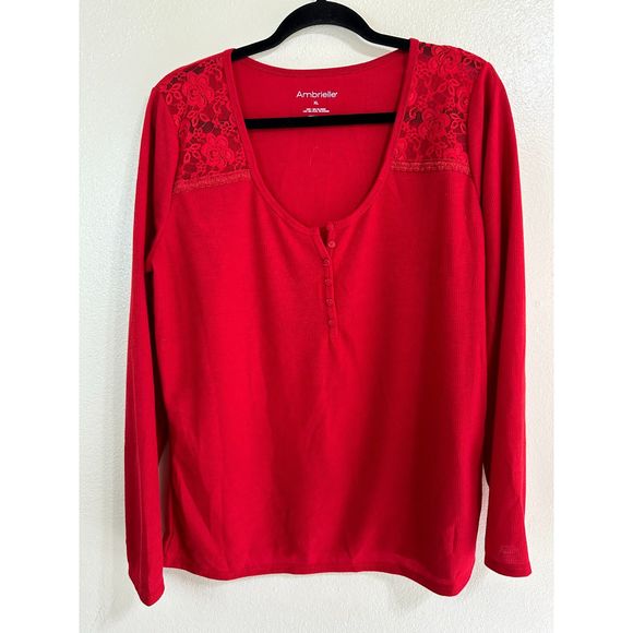 Ambrielle Tops - Ambrielle Women's Long Sleeve Red Tee with Lace Inserts at the Shoulder, Size XL